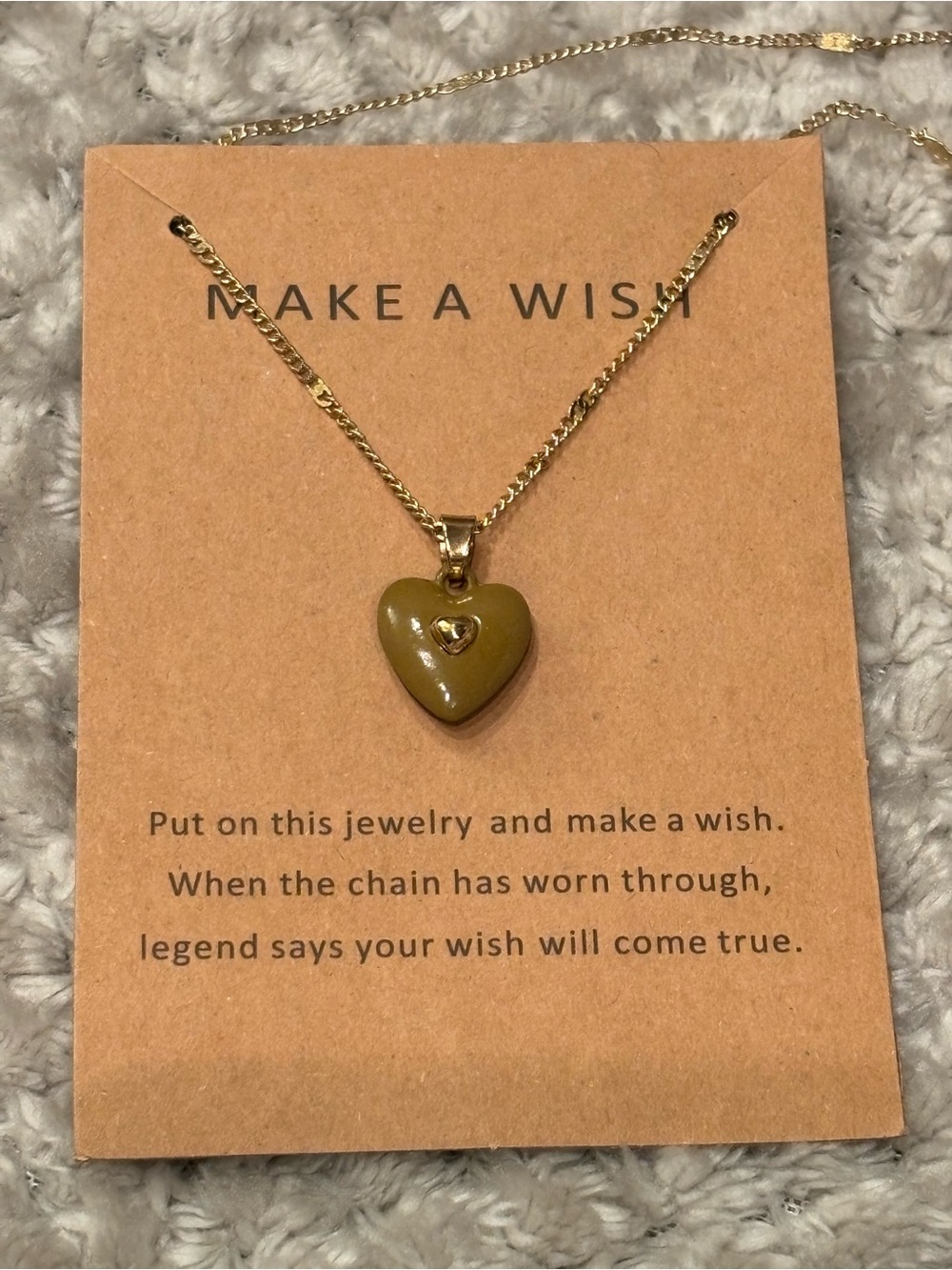 Make a Wish Gold Chain Necklace with Olive Heart Pendant 18-20" NWT